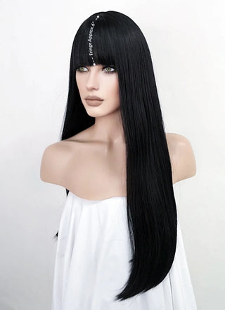 Peruca Monifilament Negru Intens Cu Breton - 70 Cm